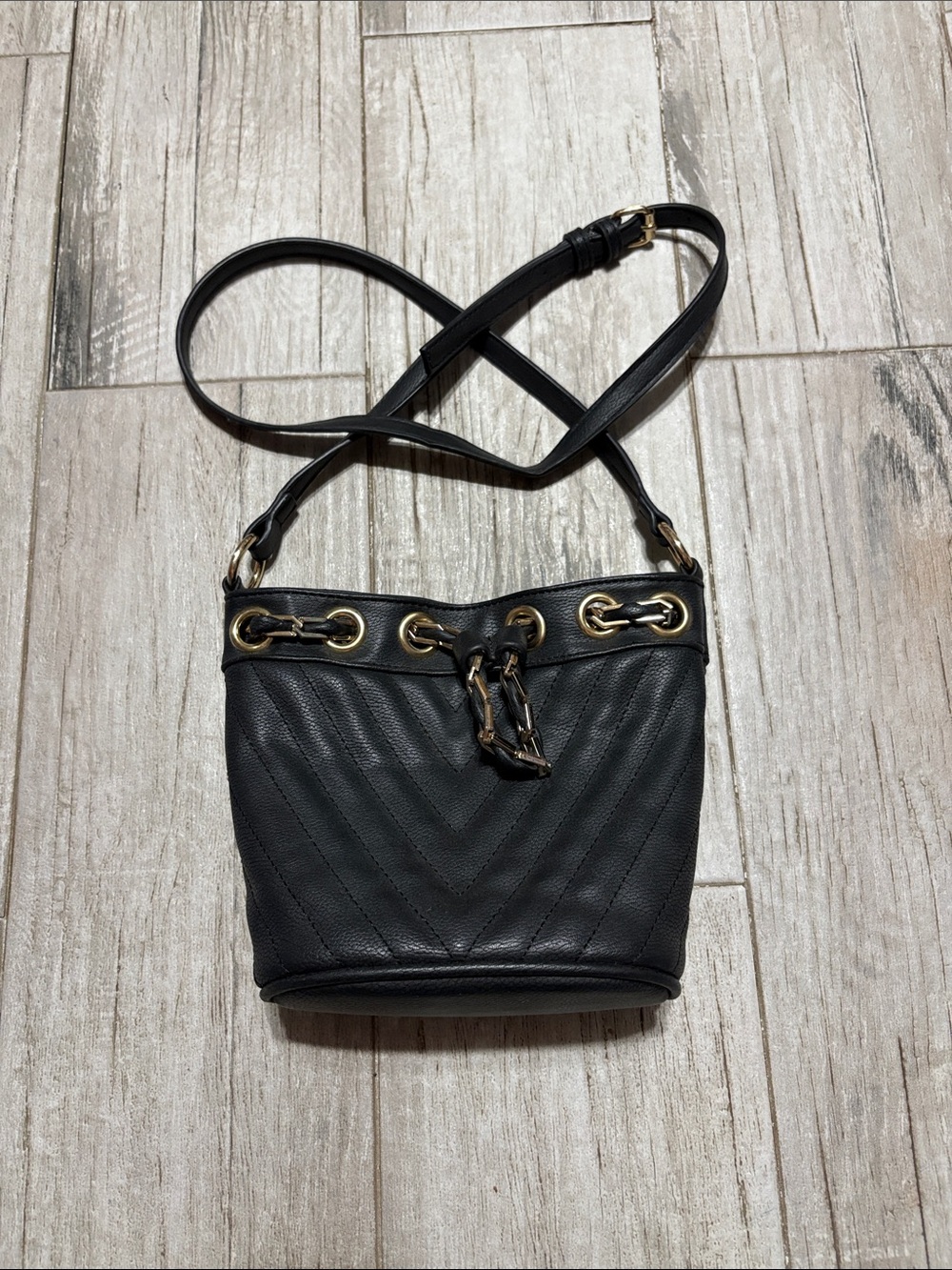 Free People Black Quilted Bucket Crossbody with Gold Hardware